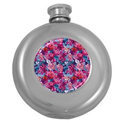 Pink Blue Flowers Round Hip Flask (5 Oz) by designsbymallika