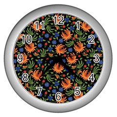 Orange Flowers Pattern Wall Clock (silver) by designsbymallika