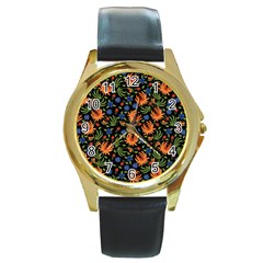 Orange Flowers Pattern Round Gold Metal Watch by designsbymallika