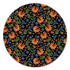 Orange Flowers Pattern Magnet 5  (round) by designsbymallika