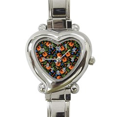 Orange Flowers Pattern Heart Italian Charm Watch by designsbymallika