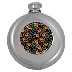 Orange Flowers Pattern Round Hip Flask (5 Oz) by designsbymallika