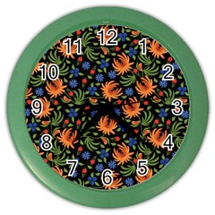 Orange Flowers Pattern Color Wall Clock by designsbymallika