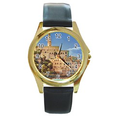 Old Jaffa Cityscape, Israel Round Gold Metal Watch by dflcprintsclothing