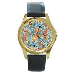 Butterfly And Flowers Round Gold Metal Watch by goljakoff