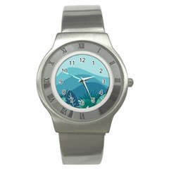 Illustration Of Palm Leaves Waves Mountain Hills Stainless Steel Watch