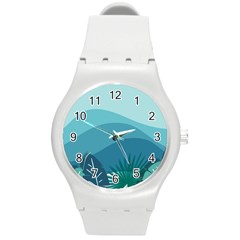 Illustration Of Palm Leaves Waves Mountain Hills Round Plastic Sport Watch (m)