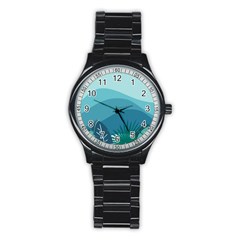 Illustration Of Palm Leaves Waves Mountain Hills Stainless Steel Round Watch