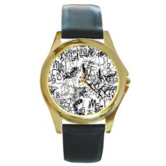 Black And White Graffiti Abstract Collage Round Gold Metal Watch by dflcprintsclothing