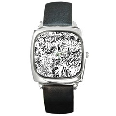 Black And White Graffiti Abstract Collage Square Metal Watch by dflcprintsclothing