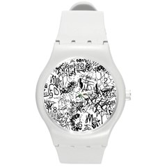 Black And White Graffiti Abstract Collage Round Plastic Sport Watch (m) by dflcprintsclothing