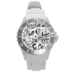 Black And White Graffiti Abstract Collage Round Plastic Sport Watch (l) by dflcprintsclothing