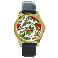 Christmas Berries Round Gold Metal Watch by goljakoff