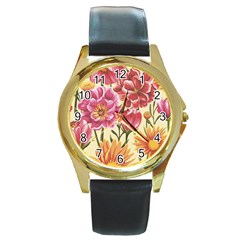 Retro Flowers Round Gold Metal Watch by goljakoff