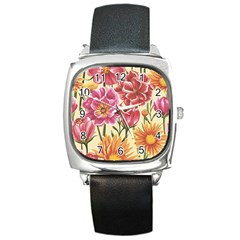 Retro Flowers Square Metal Watch by goljakoff