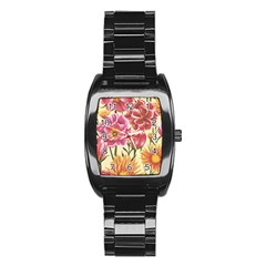 Retro Flowers Stainless Steel Barrel Watch by goljakoff