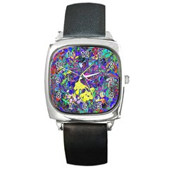 Vibrant Abstract Floral/rainbow Color Square Metal Watch by dressshop