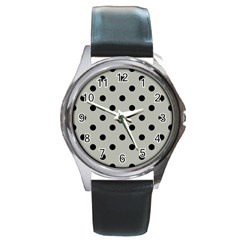 Large Black Polka Dots On Silver Cloud Grey - Round Metal Watch by FashionLane