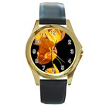 Yellow Poppies Round Gold Metal Watch Front