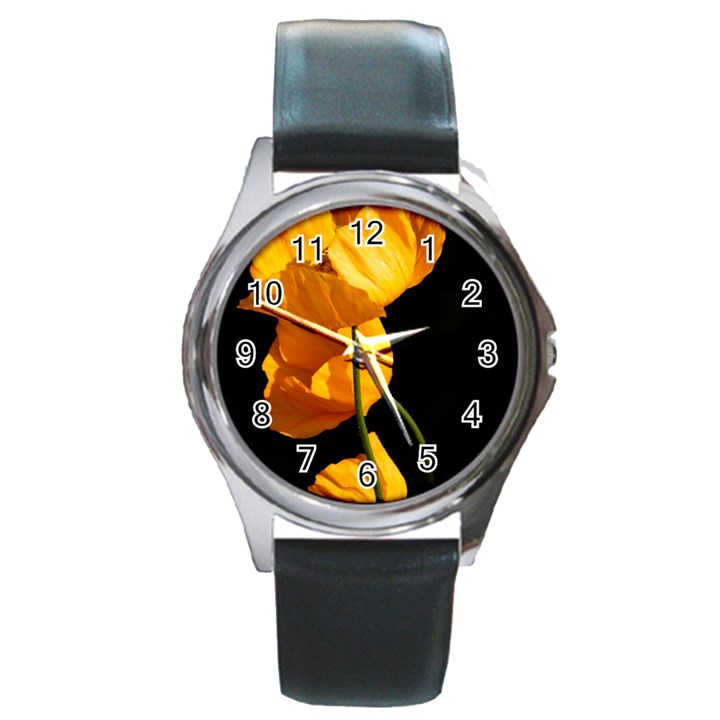 Yellow Poppies Round Metal Watch