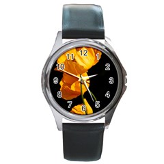 Yellow Poppies Round Metal Watch by Audy