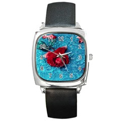 Red Roses In Water Square Metal Watch by Audy