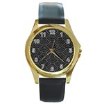 Black sashiko ornament Round Gold Metal Watch Front