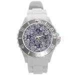 White flower mandala Round Plastic Sport Watch (L) Front