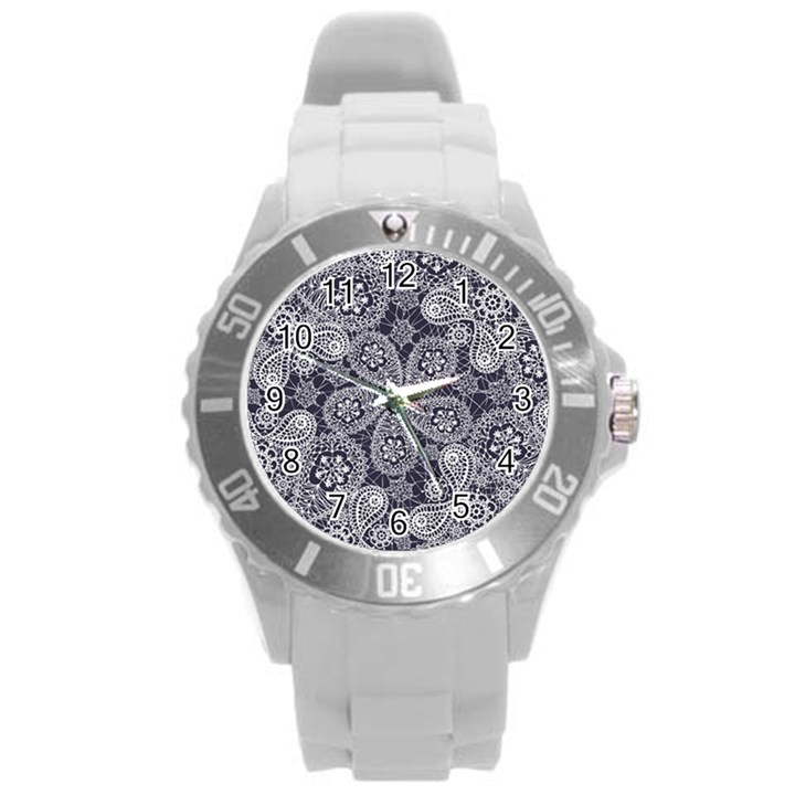 White flower mandala Round Plastic Sport Watch (L)