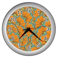 Orange Flowers Wall Clock (silver) by goljakoff