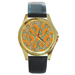 Orange Flowers Round Gold Metal Watch by goljakoff