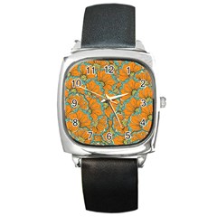 Orange Flowers Square Metal Watch by goljakoff