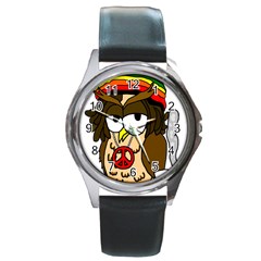  Rainbow Stoner Owl Round Metal Watch by IIPhotographyAndDesigns