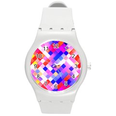 Squares Pattern Geometric Seamless Round Plastic Sport Watch (m) by Dutashop