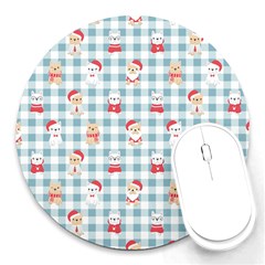 Checks Pattern With Christmas Animals Round Mousepads