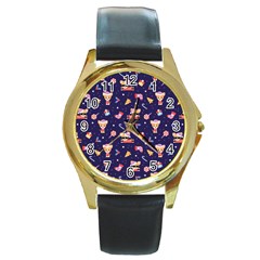 Cat Astro Love Round Gold Metal Watch by designsbymallika