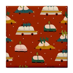 Cute Merry Christmas And Happy New Seamless Pattern With Cars Carrying Christmas Trees Tile Coaster by EvgeniiaBychkova