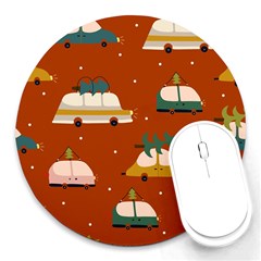 Cute Merry Christmas And Happy New Seamless Pattern With Cars Carrying Christmas Trees Round Mousepads by EvgeniiaBychkova