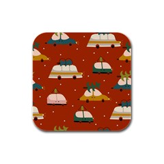 Cute Merry Christmas And Happy New Seamless Pattern With Cars Carrying Christmas Trees Rubber Square Coaster (4 Pack) 