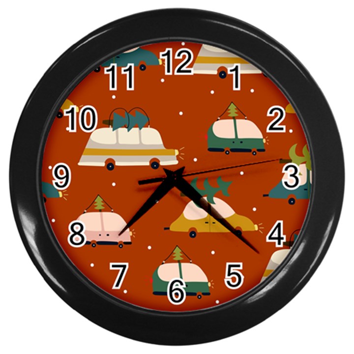 Cute Merry Christmas And Happy New Seamless Pattern With Cars Carrying Christmas Trees Wall Clock (Black)