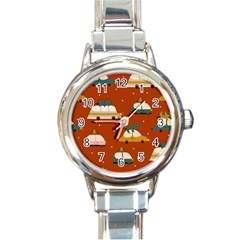 Cute Merry Christmas And Happy New Seamless Pattern With Cars Carrying Christmas Trees Round Italian Charm Watch