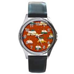 Cute Merry Christmas And Happy New Seamless Pattern With Cars Carrying Christmas Trees Round Metal Watch by EvgeniiaBychkova