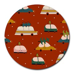 Cute Merry Christmas And Happy New Seamless Pattern With Cars Carrying Christmas Trees Round Mousepads by EvgeniiaBychkova