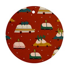 Cute Merry Christmas And Happy New Seamless Pattern With Cars Carrying Christmas Trees Ornament (round) by EvgeniiaBychkova