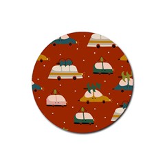 Cute Merry Christmas And Happy New Seamless Pattern With Cars Carrying Christmas Trees Rubber Coaster (round)  by EvgeniiaBychkova