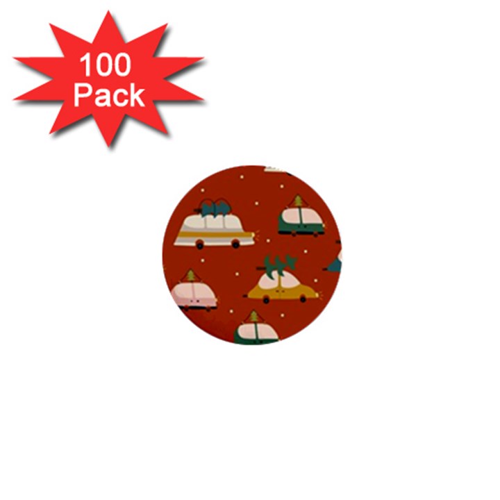 Cute Merry Christmas And Happy New Seamless Pattern With Cars Carrying Christmas Trees 1  Mini Buttons (100 pack) 