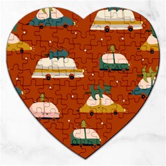 Cute Merry Christmas And Happy New Seamless Pattern With Cars Carrying Christmas Trees Jigsaw Puzzle (heart) by EvgeniiaBychkova