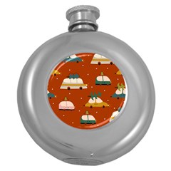 Cute Merry Christmas And Happy New Seamless Pattern With Cars Carrying Christmas Trees Round Hip Flask (5 Oz) by EvgeniiaBychkova