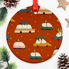 Cute Merry Christmas And Happy New Seamless Pattern With Cars Carrying Christmas Trees Round Ornament (two Sides) by EvgeniiaBychkova