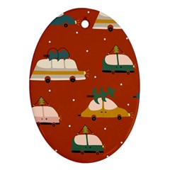 Cute Merry Christmas And Happy New Seamless Pattern With Cars Carrying Christmas Trees Oval Ornament (two Sides) by EvgeniiaBychkova